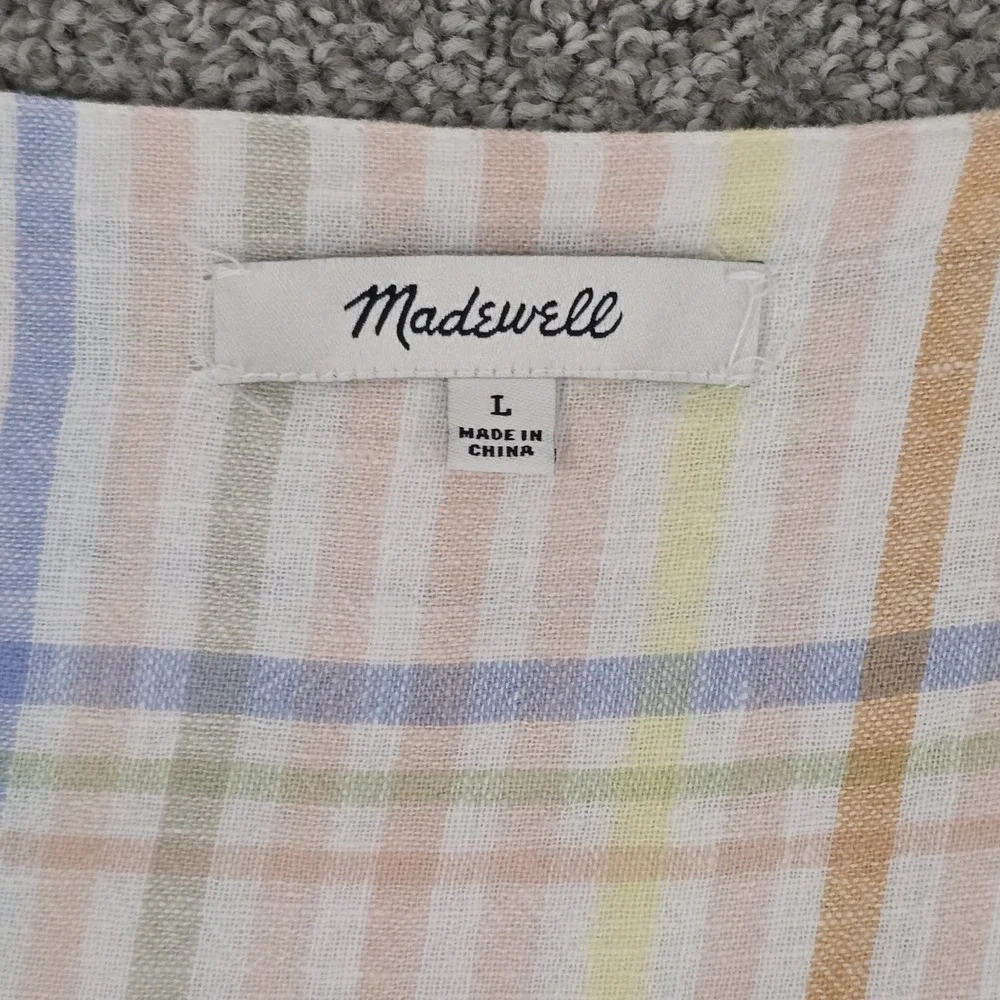 Madewell Clara Linen Blend Wrap Midi Dress Pastel Plaid Cottagecore Size L - Picture 7 of 8